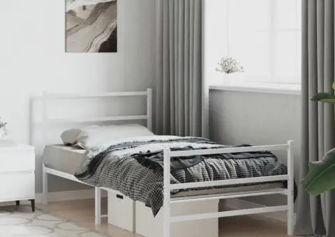 Cadru de pat metalic cu tăblie de cap/picioare alb, 100x190 cm - 1/5