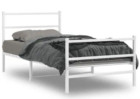 Cadru de pat metalic cu tăblie de cap/picioare alb, 100x190 cm - 2/5