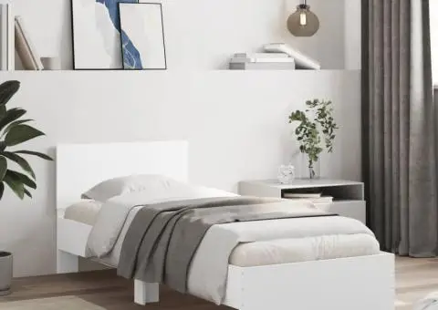 Cadru de pat cu tăblie, alb, 90x200 cm, lemn prelucrat - 1/5