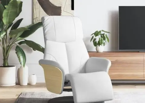 Fotoliu rabatabil cu suport de picioare, alb, piele ecologică - 1/5