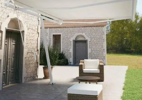 Set stâlp pentru copertină, alb, 450x245 cm, fier - 1/5