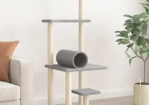 Ansamblu pisici, stâlpi din funie sisal, gri deschis, 136 cm - 1/5