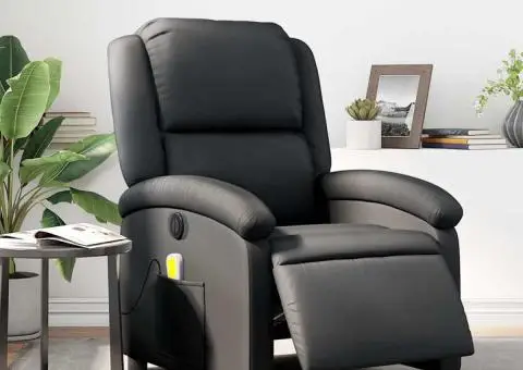 Fotoliu de masaj rabatabil electric, negru, piele naturală - 1/5