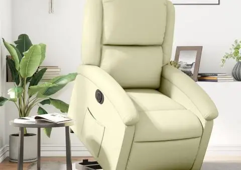 Fotoliu rabatabil electric cu ridicare, crem, piele naturală - 1/5
