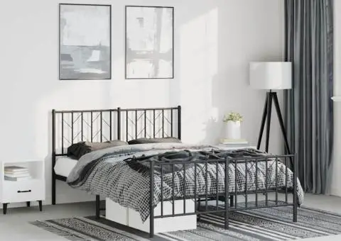 Cadru pat metalic cu tăblie de cap/picioare, negru, 150x200 cm - 1/5