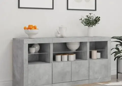 Servantă cu lumini LED, gri beton, 142,5x37x67 cm - 3/5