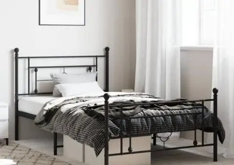 Cadru pat metalic cu tăblii de cap/picioare, negru, 107x203 cm - 1/5