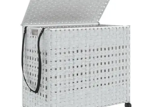Coș de rufe cu roți, alb, 66x35x60 cm, ratan - 4/5