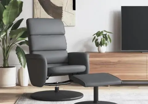 Fotoliu rabatabil cu taburet, gri, piele ecologică - 1/5