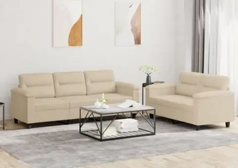 Set de canapele cu perne, 2 piese, crem, microfibră - 1/5