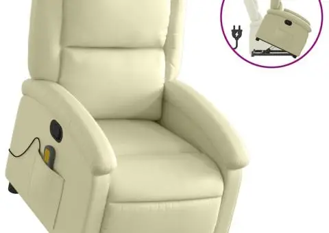 Fotoliu rabatabil cu ridicare, crem, piele naturală - 2/5