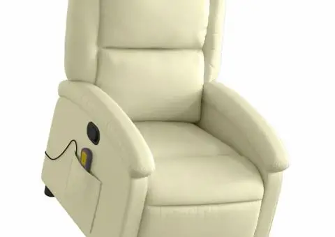 Fotoliu rabatabil cu ridicare, crem, piele naturală - 3/5