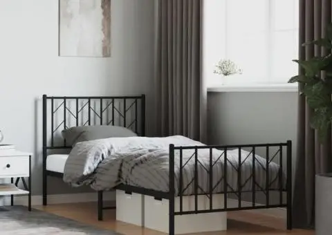 Cadru pat metalic cu tăblii de cap/picioare, negru, 90x200 cm - 1/5