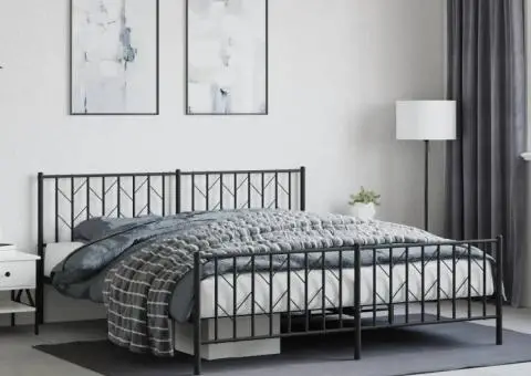 Cadru pat metalic cu tăblii de cap/picioare, negru, 183x213 cm - 1/5