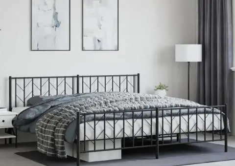Cadru pat metalic cu tăblii de cap/picioare, negru, 200x200 cm - 1/5