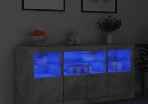 Servantă cu lumini LED, gri beton, 142,5x37x67 cm - 1/5
