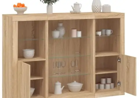 Servantă cu lumini LED, 3 buc., stejar sonoma, lemn prelucrat - 1/5