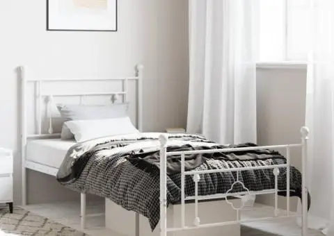 Cadru de pat metalic cu tăblie de cap/picioare, alb, 90x190 cm - 1/5