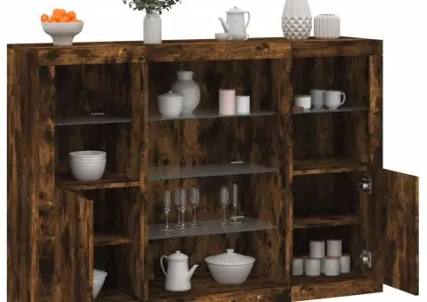 Servantă cu lumini LED, 3 buc., stejar fumuriu, lemn prelucrat - 1/5