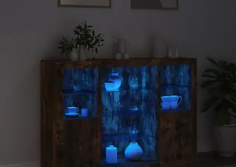 Servantă cu lumini LED, 3 buc., stejar fumuriu, lemn prelucrat - 3/5