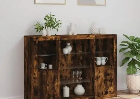 Servantă cu lumini LED, 3 buc., stejar fumuriu, lemn prelucrat - 4/5