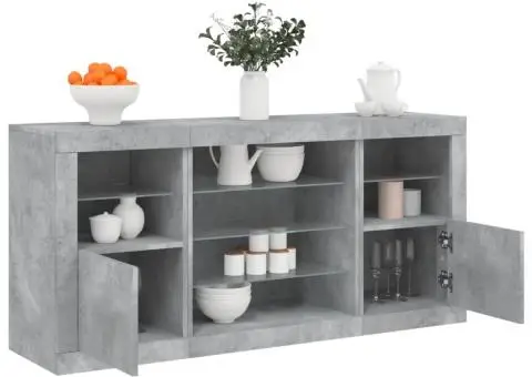Servantă cu lumini LED, gri beton, 142,5x37x67 cm - 1/5
