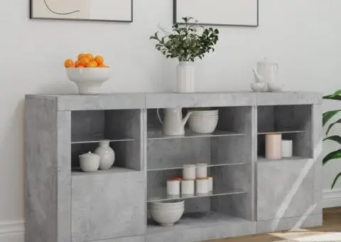 Servantă cu lumini LED, gri beton, 142,5x37x67 cm - 3/5