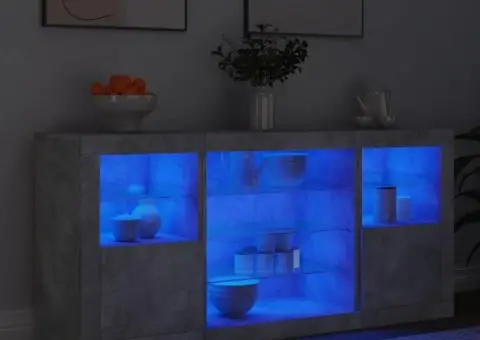 Servantă cu lumini LED, gri beton, 142,5x37x67 cm - 4/5