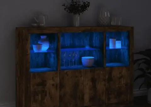 Servantă cu lumini LED, 3 buc., stejar fumuriu, lemn prelucrat - 3/5