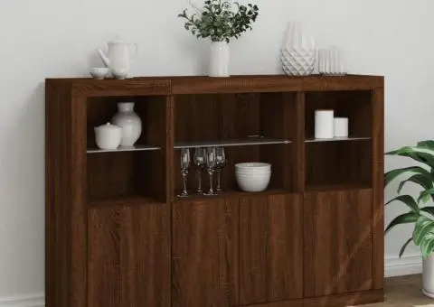 Servantă cu lumini LED, 3 buc., stejar maro, lemn prelucrat - 4/5