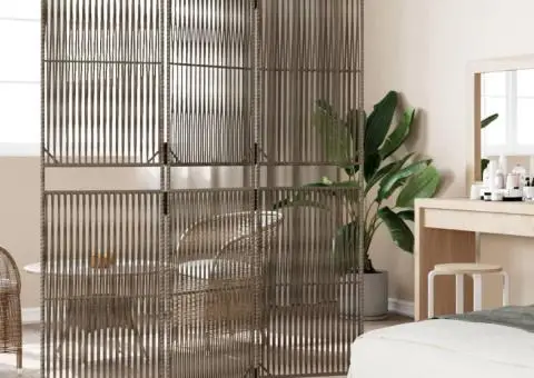 Separator de cameră cu 3 panouri, gri, poliratan - 3/5