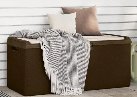 Cutie depozitare de grădină cu pernă de șezut, maro, 350 L, PP - 1/5