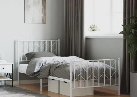 Cadru de pat metalic cu tăblie de cap/picioare, alb, 90x200 cm - 1/5