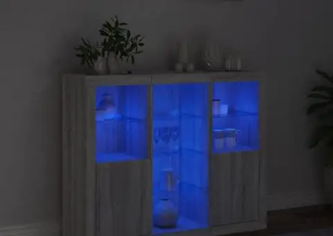 Servantă cu lumini LED, 3 buc., gri sonoma, lemn prelucrat - 3/5