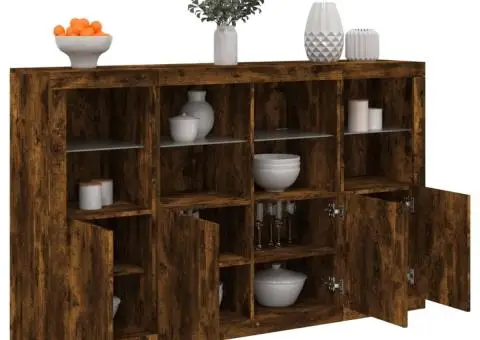 Servantă cu lumini LED, 3 buc., stejar fumuriu, lemn prelucrat - 1/5