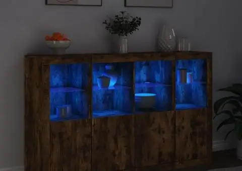 Servantă cu lumini LED, 3 buc., stejar fumuriu, lemn prelucrat - 3/5