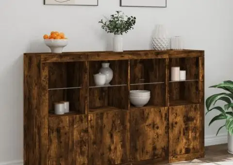 Servantă cu lumini LED, 3 buc., stejar fumuriu, lemn prelucrat - 4/5