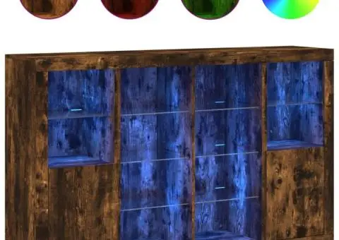 Servantă cu lumini LED, 3 buc., stejar fumuriu, lemn prelucrat - 2/5
