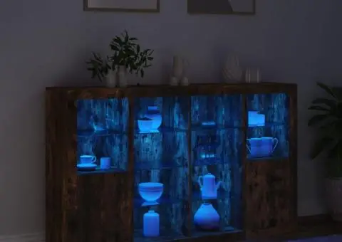 Servantă cu lumini LED, 3 buc., stejar fumuriu, lemn prelucrat - 3/5