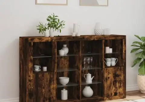 Servantă cu lumini LED, 3 buc., stejar fumuriu, lemn prelucrat - 4/5