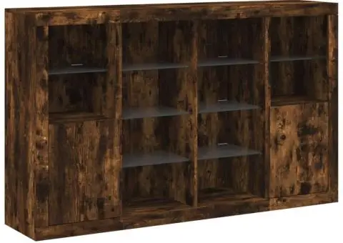 Servantă cu lumini LED, 3 buc., stejar fumuriu, lemn prelucrat - 5/5