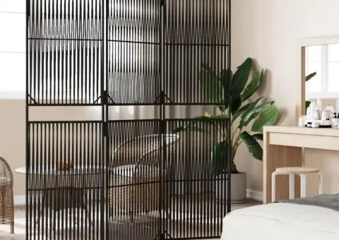 Separator de cameră cu 3 panouri, negru, poliratan - 3/5