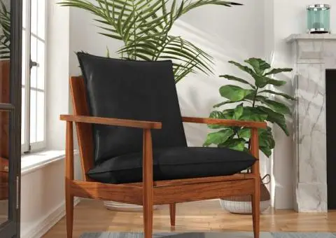 Fotoliu, negru, piele naturală & lemn masiv acacia - 1/5