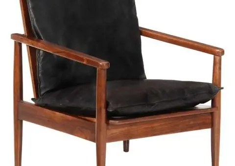 Fotoliu, negru, piele naturală & lemn masiv acacia - 2/5