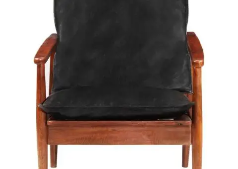 Fotoliu, negru, piele naturală & lemn masiv acacia - 3/5