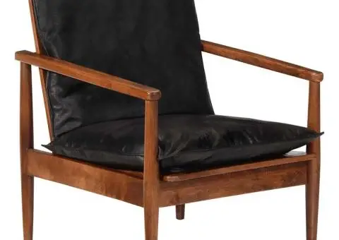 Fotoliu, negru, piele naturală & lemn masiv acacia - 4/5