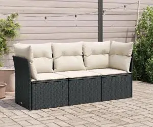 vidaXL Set mobilier de grădină cu perne, 3 piese, negru, poliratan