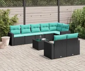 vidaXL Set mobilier de grădină cu perne, 9 piese, negru, poliratan