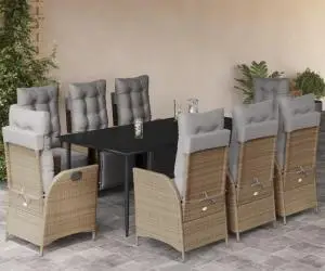vidaXL Set de masă pentru grădină, 9 piese, cu perne, bej, poliratan