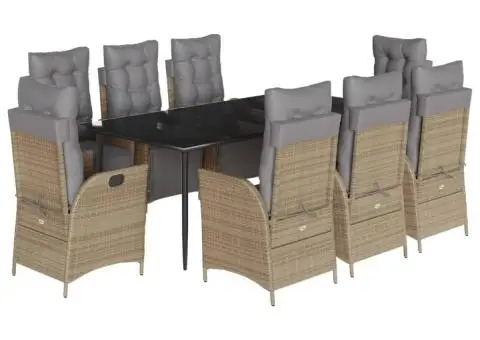 Set de masă pentru grădină, 9 piese, cu perne, bej, poliratan - 2/5